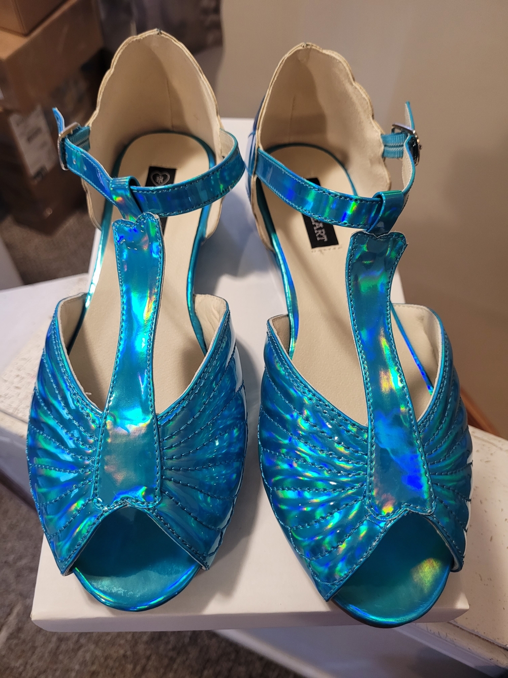 Iron Fist Iridescent Blue Shell T-Strap Flat Wedge
